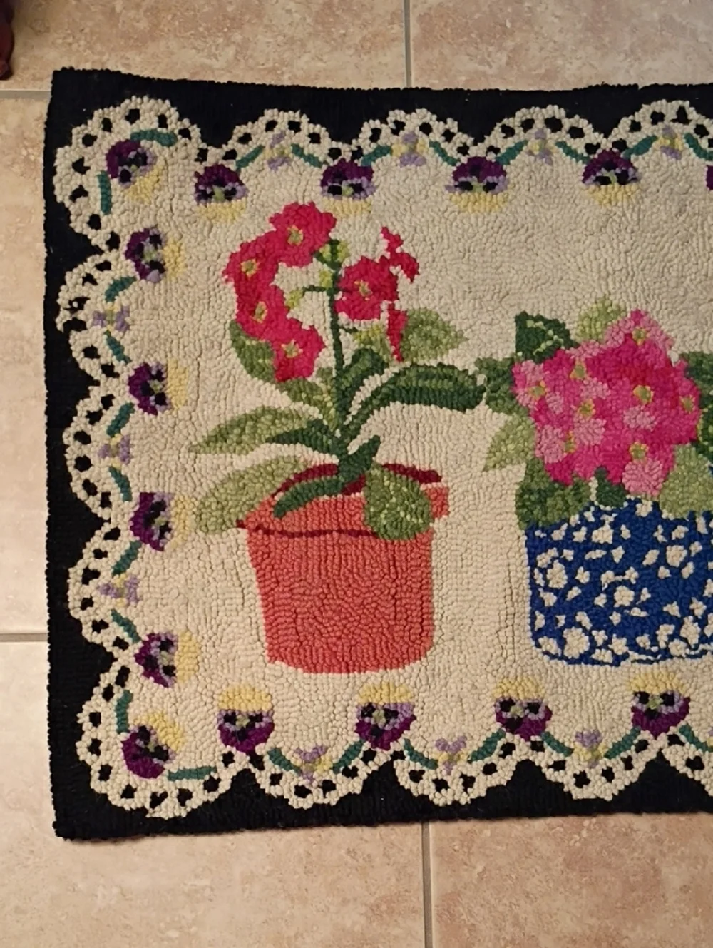 Hooked Floral Potted Plants Accent Door Mat - Cream, Black, Pink, Blue, Green